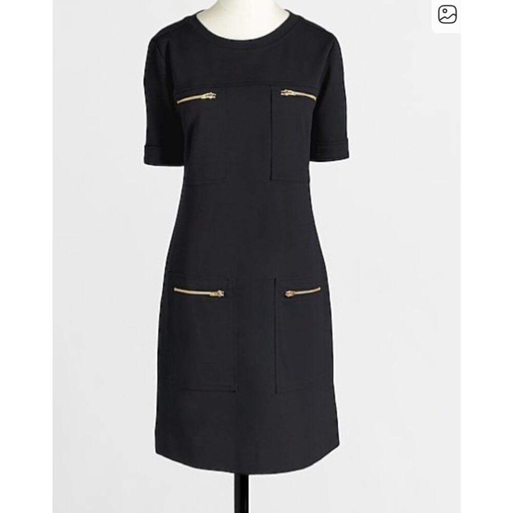 J. Crew Black Wool Blend Short Sleeve Ponte Mod Zip Pocket Sheath Dress Size 10